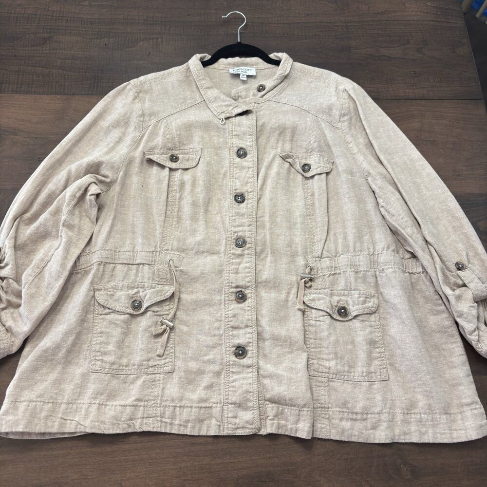 Sz 5X Beige Linen Blend Safari style Jacket Womens Plus Drawstring Synch Waist